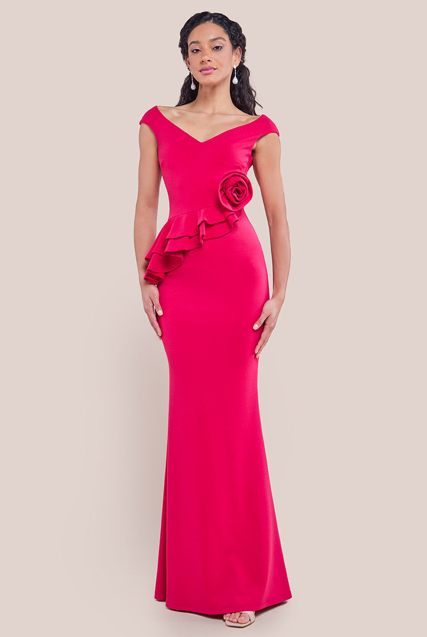 Scuba Crepe Rose Frill Maxi Dress - Magenta DR4281