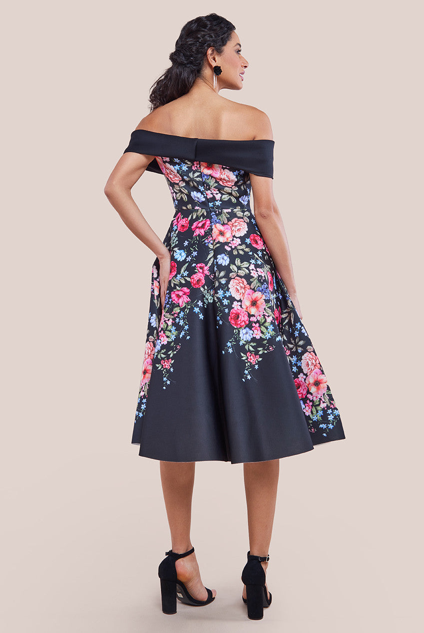 Scuba Foam Floral Bardot Midi Dress - Black DR4302