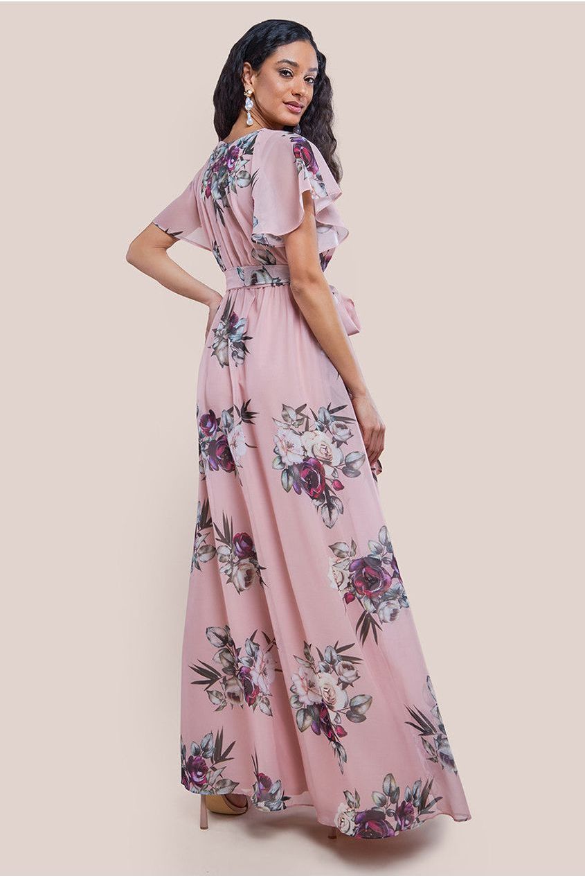 Sustainable Printed Flutter Sleeve Maxi Dress - Peach DR1582BBS