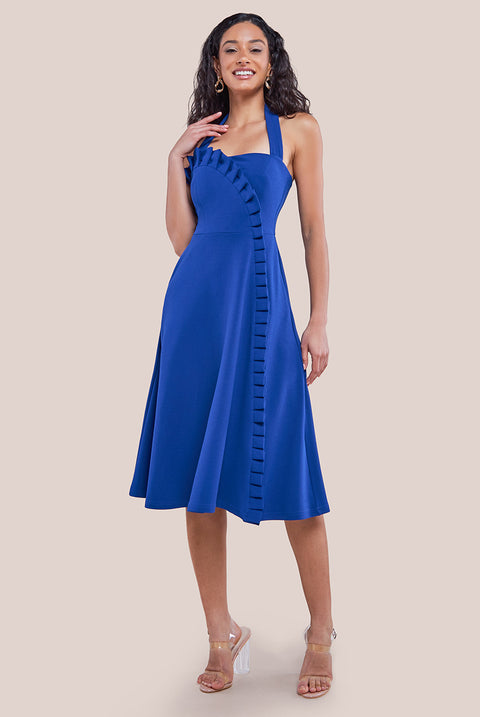 Frilled Halter Neck Strap Midi Dress - Royal Blue by Goddiva