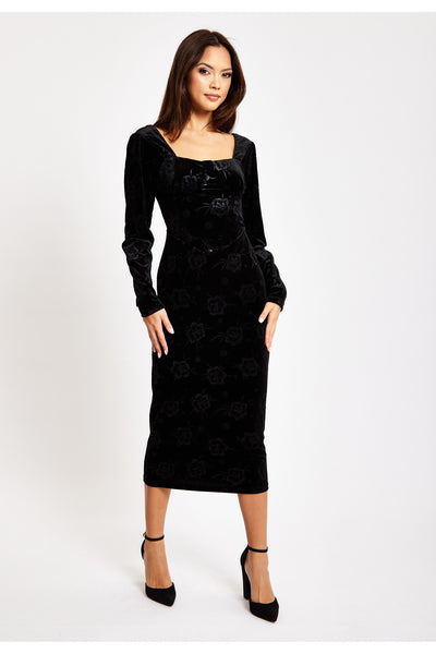 Black - Corset Detail Midi Black Velvet Dress by Liquorish