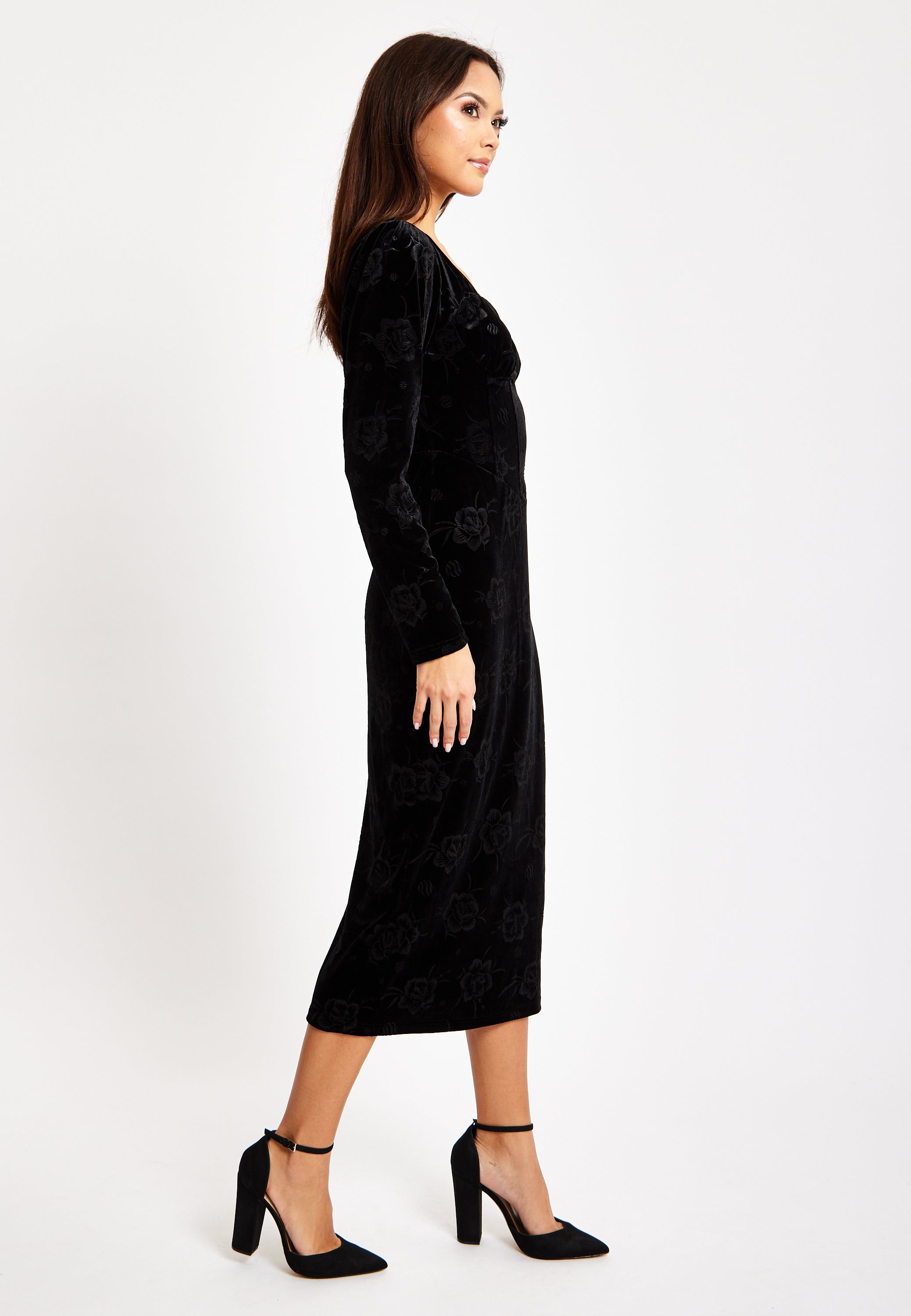 Corset Detail Midi Black Velvet Dress LIQ23AW030BL