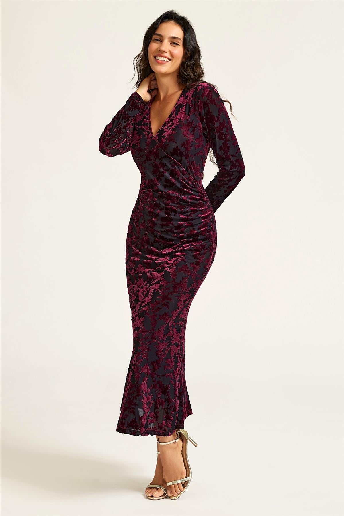 Wine Floral Velvet Devore Long Sleeve Wrap Midi Dress In Black FS902