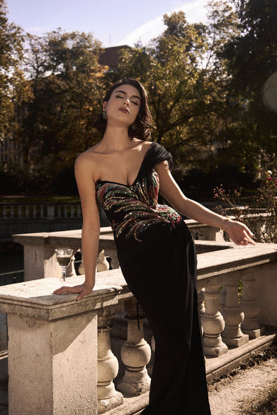 Black - Stolen Strapless Sequin Embroidered Slit Bandage Maxi Dress by Bella Barnett
