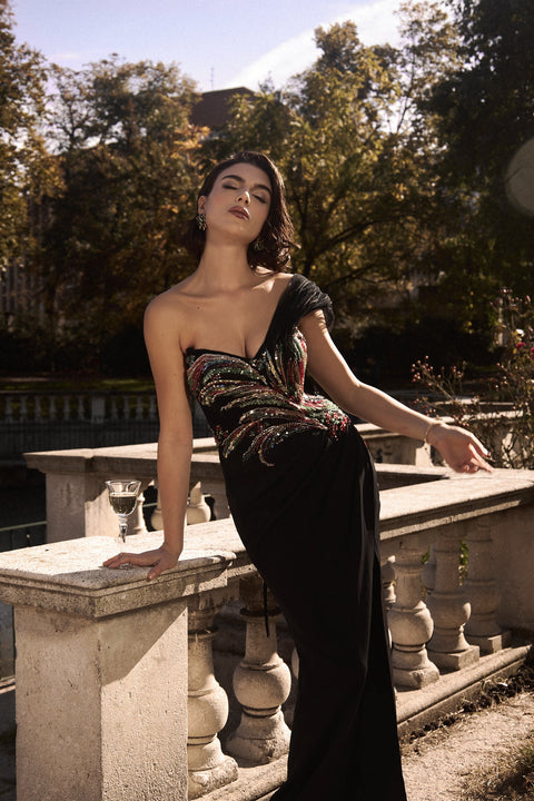 Stolen Strapless Sequin Embroidered Slit Bandage Maxi Dress by Bella Barnett