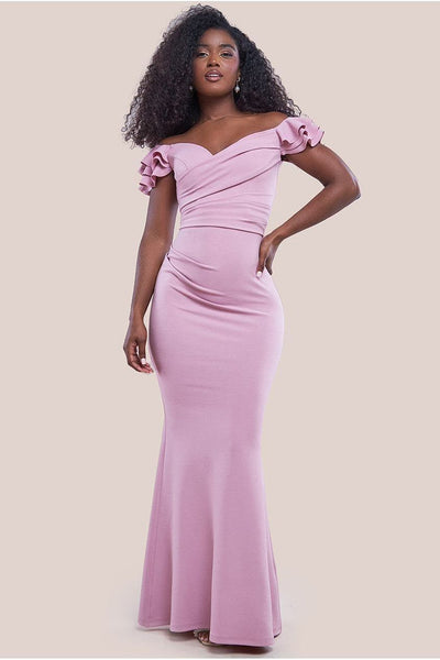 Rose Pink - Frilled Off The Shoulder Scuba Maxi Dress - Rose Pink by Goddiva