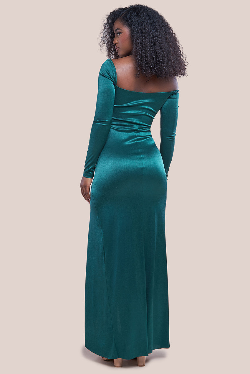 Slinky Satin One Shoulder Split Maxi Dress - Emerald Green DR4388