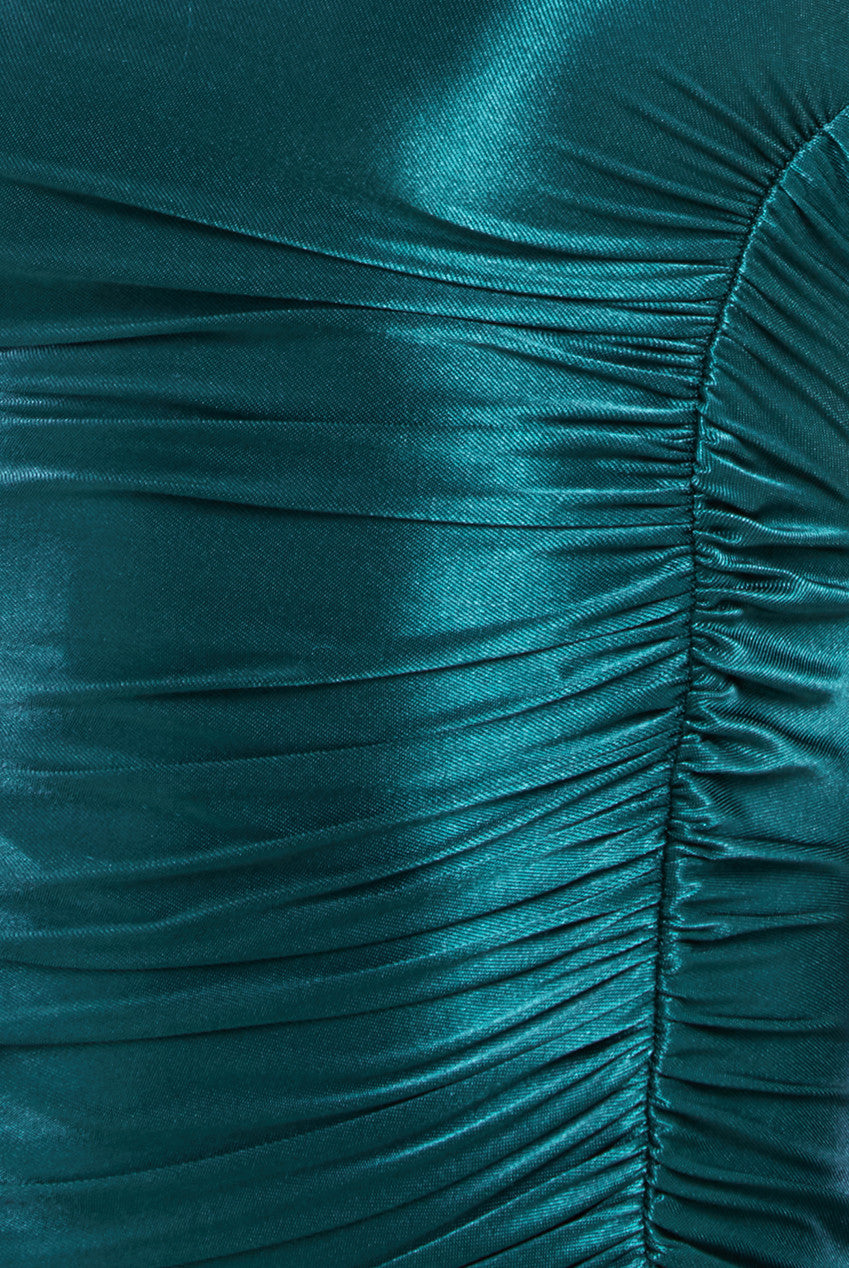 Slinky Satin One Shoulder Split Maxi Dress - Emerald Green DR4388