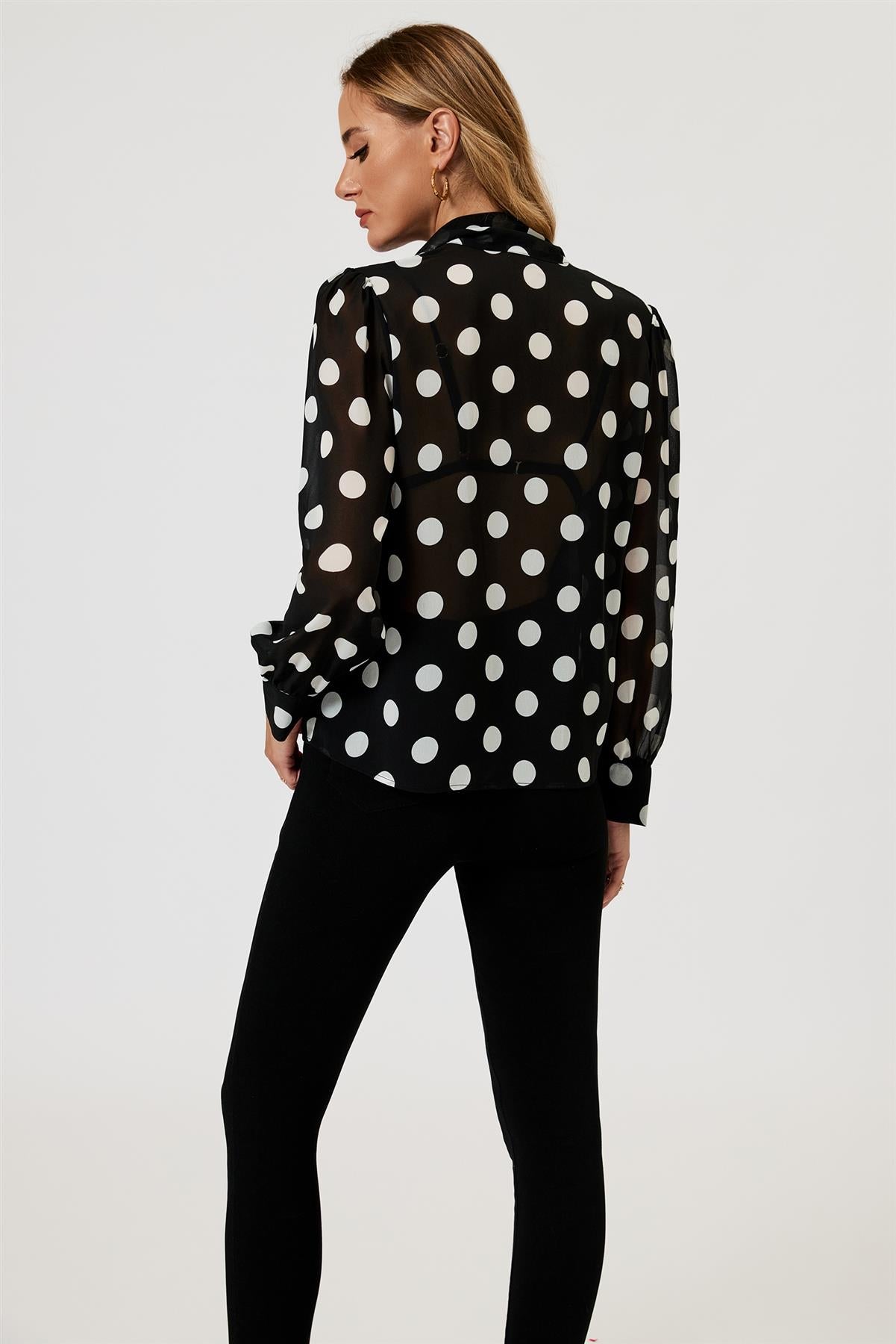 Dot Print Tie Detail Long Sleeve Blouse Top In Black FS625