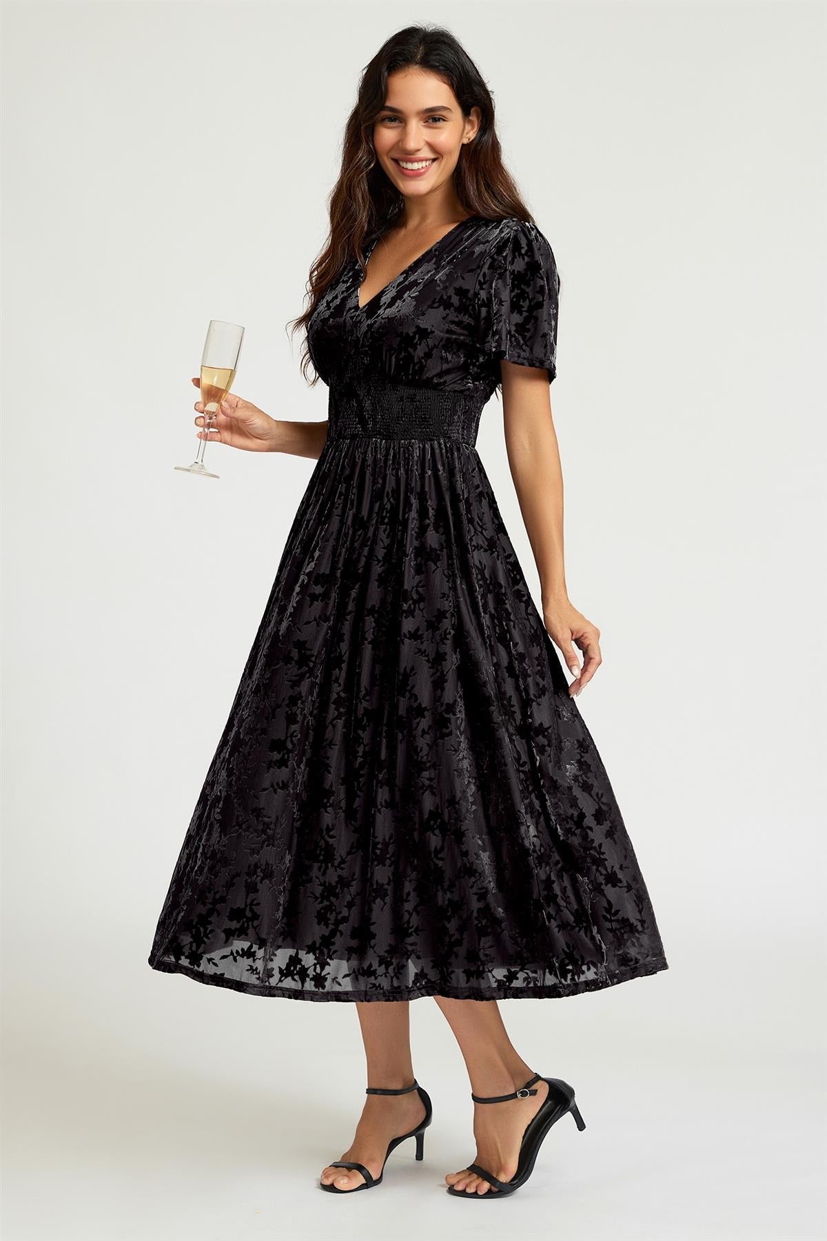 Black Velvet Burnout V-Neck Angel Sleeve Midi Dress FS955