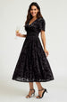 Black Velvet Burnout V-Neck Angel Sleeve Midi Dress by FS Collection