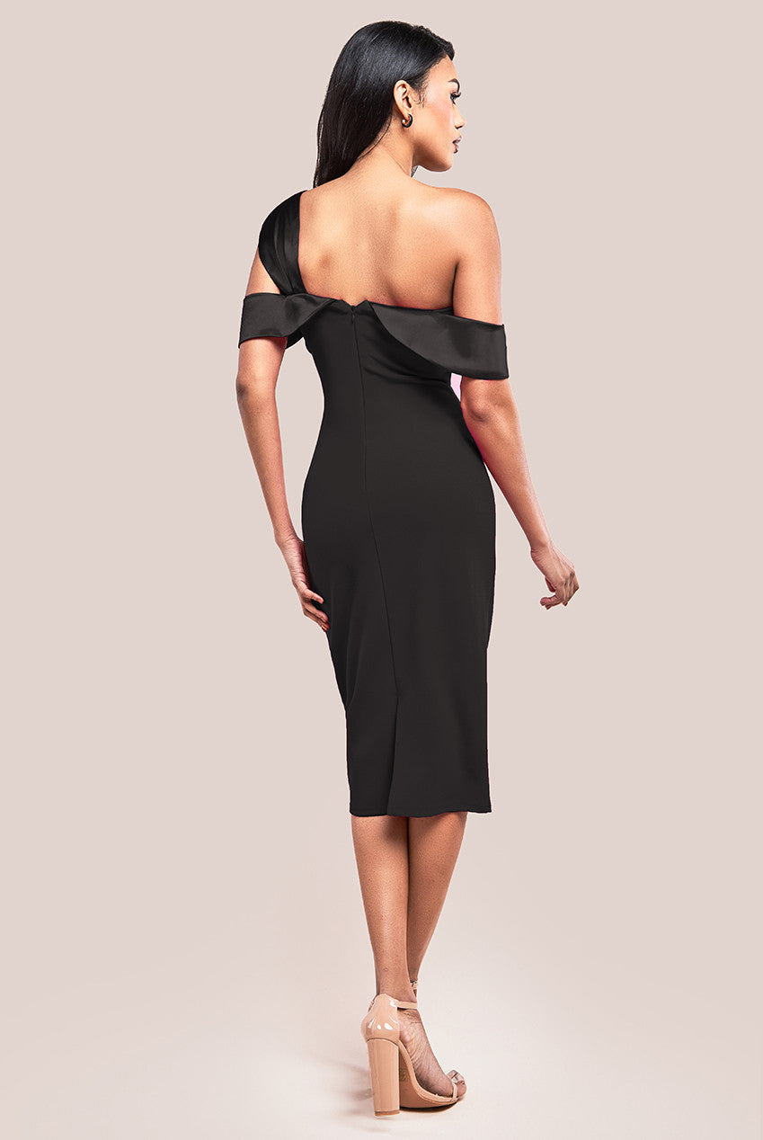 One Shoulder Satin Band Bodycon Midi Dress - Black DR3483