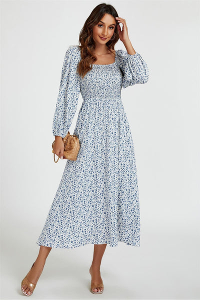 Light Blue - Floral Print Square Neck Maxi Dress In Light Blue by FS Collection