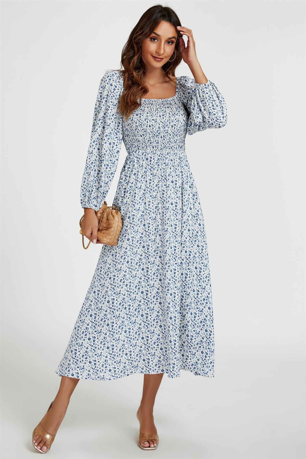 Floral Print Square Neck Maxi Dress In Light Blue FS794-LBLF