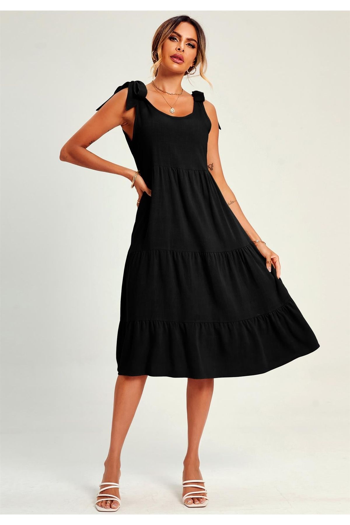 Relaxed Linen Self Tie Shoulder Tiered Midi Dress In Black FS318