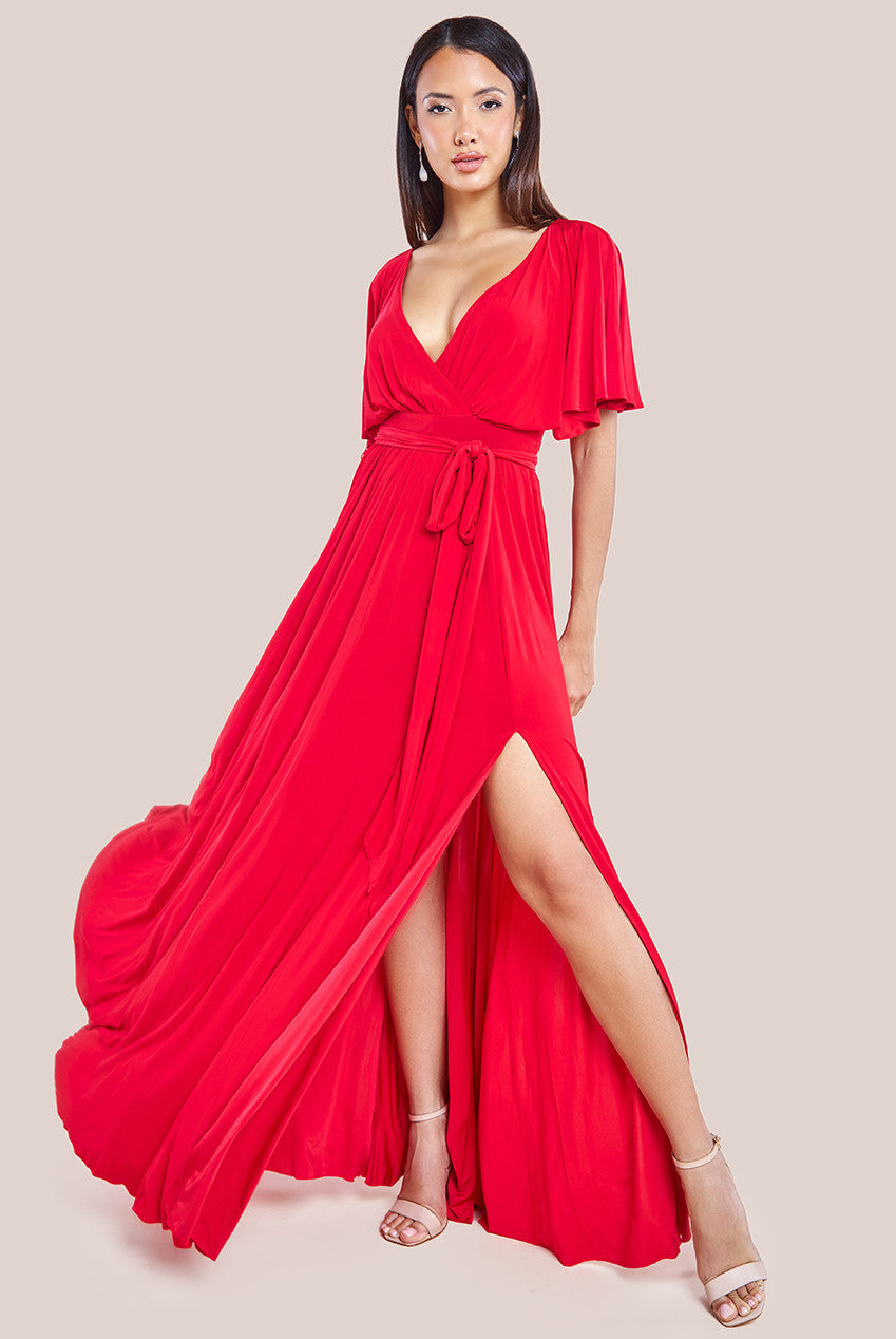 Wrap Front Maxi With Flutter Sleeves - Red DR2565B