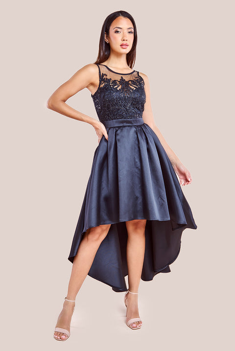 Sequin & Satin Dipped Hem Midi Dress - Black DR3621