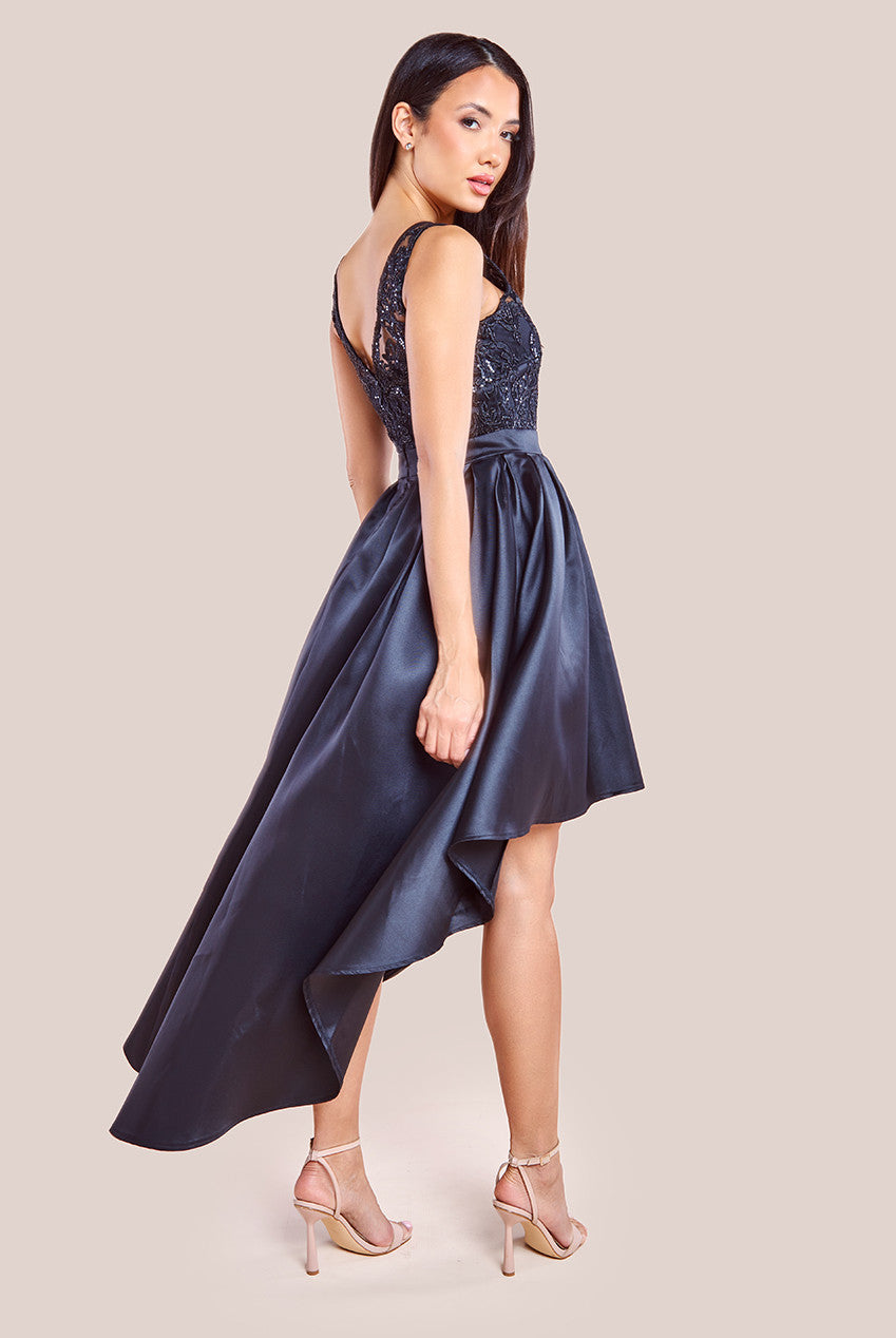 Sequin & Satin Dipped Hem Midi Dress - Black DR3621