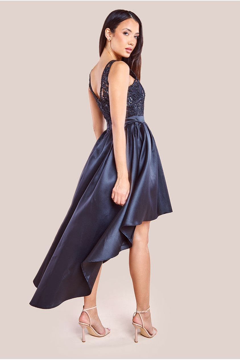 Sequin & Satin Dipped Hem Midi Dress - Black | Goddiva Sequin & Satin Dipped Hem Midi Dress - Black | Goddiva