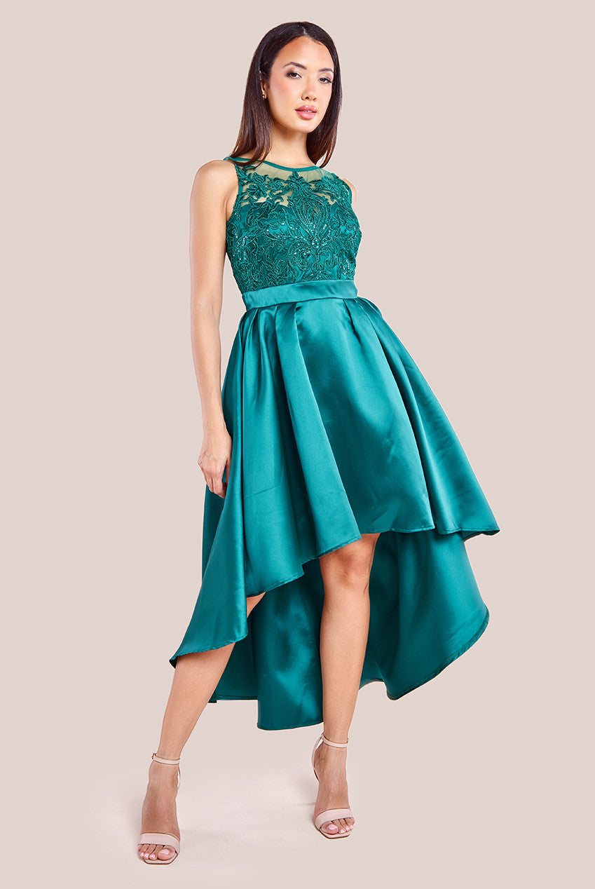 Sequin & Satin Dipped Hem Midi Dress - Emerald DR3621