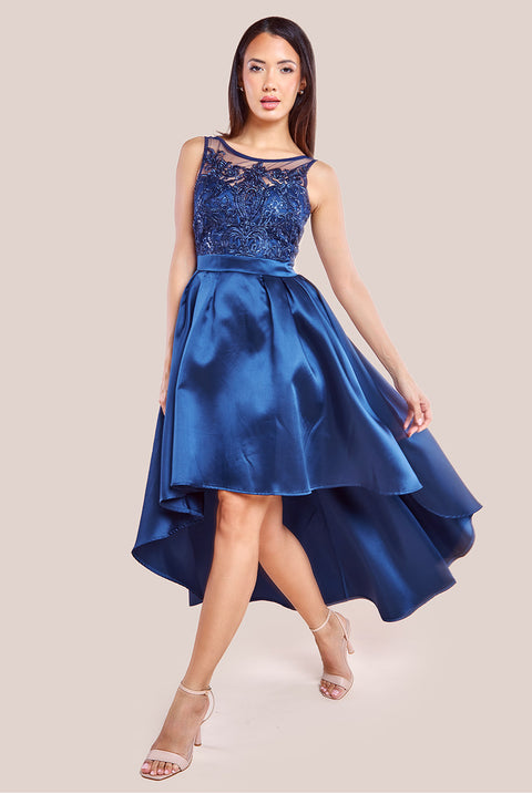 Sequin & Satin Dipped Hem Midi Dress - Navy DR3621