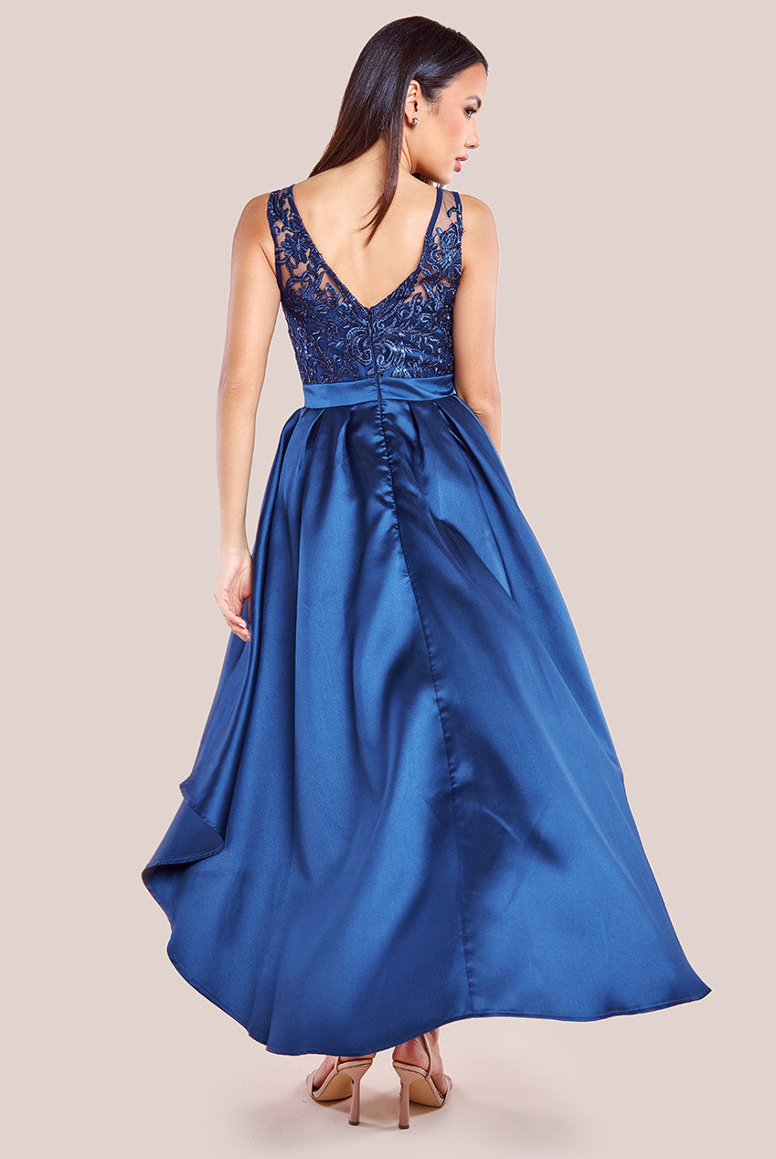 Sequin & Satin Dipped Hem Midi Dress - Navy DR3621