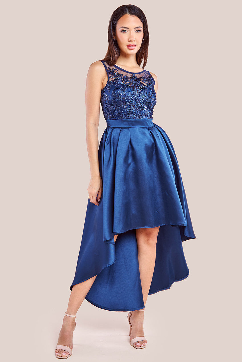 Sequin & Satin Dipped Hem Midi Dress - Navy DR3621