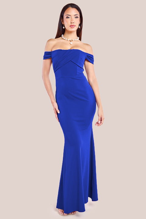 Pleated Bardot Scuba Maxi Dress - Royal Blue by Goddiva