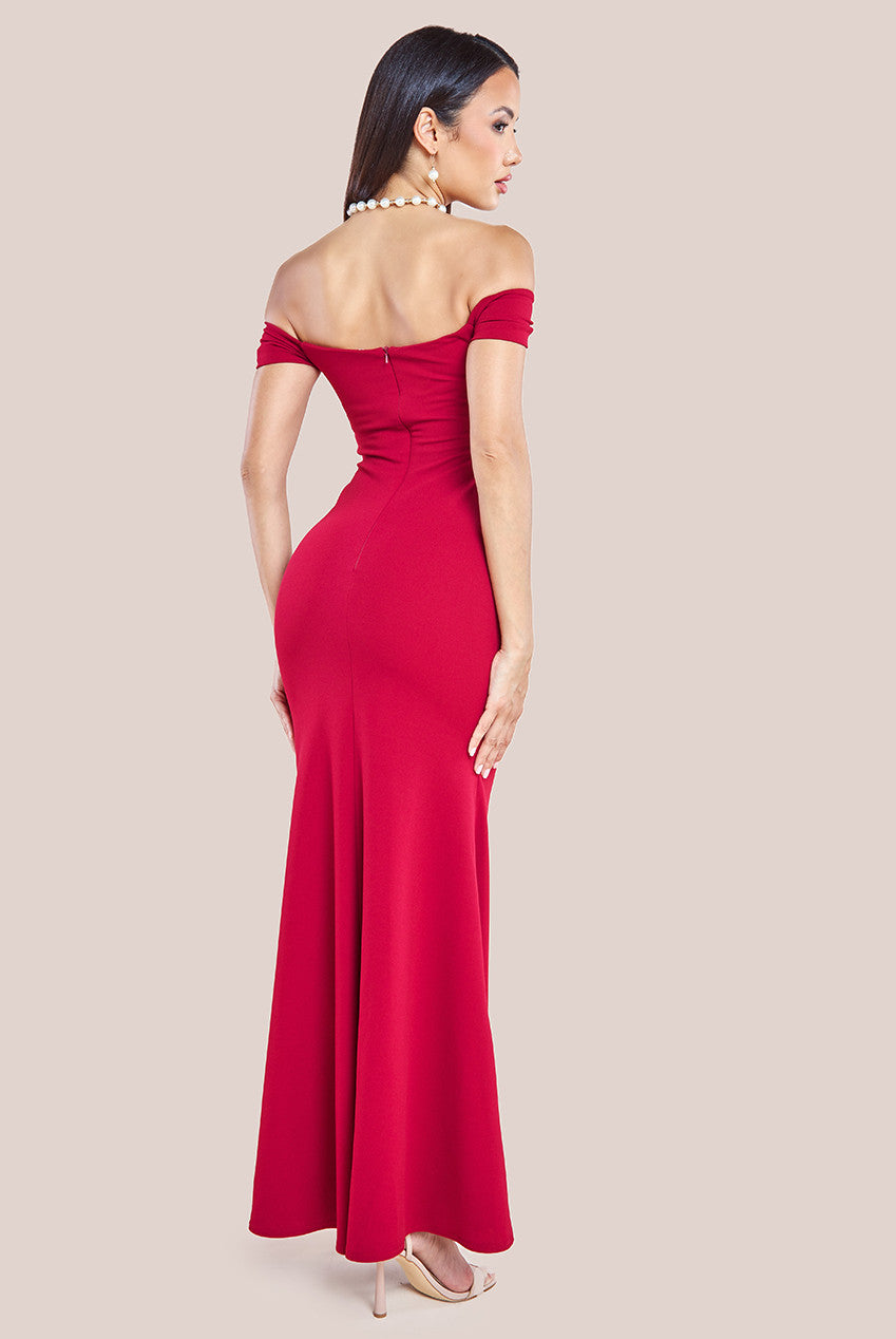 Pleated Bardot Scuba Maxi Dress - Wine DR3648