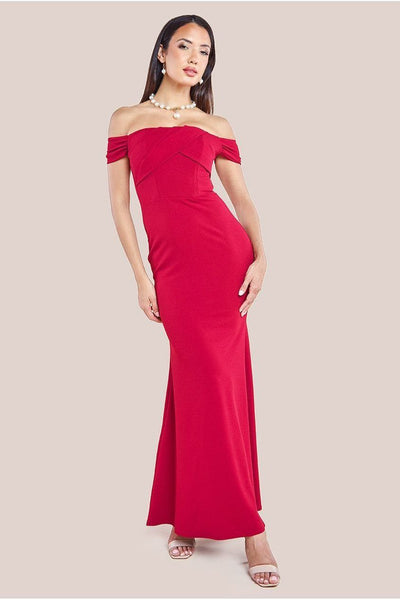 Pleated Bardot Scuba Maxi Dress - Wine by Goddiva