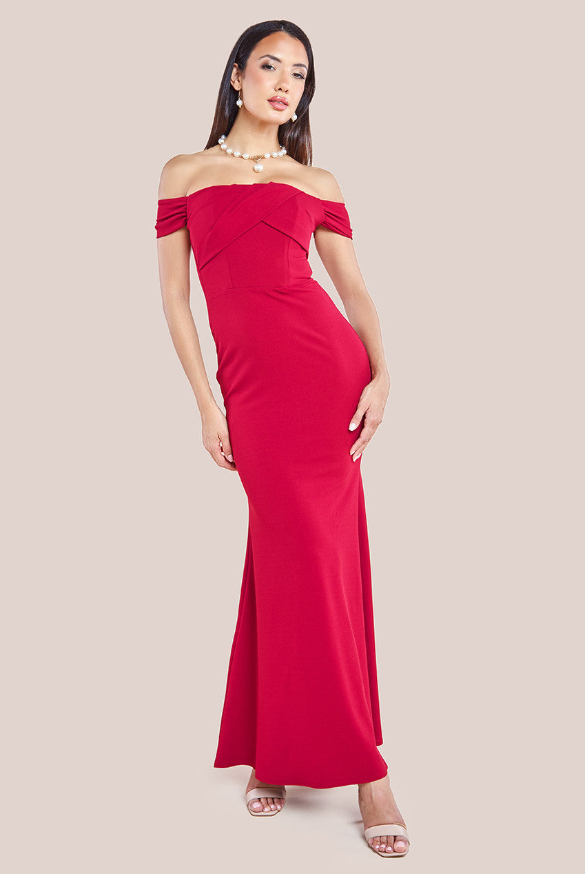 Pleated Bardot Scuba Maxi Dress - Wine DR3648