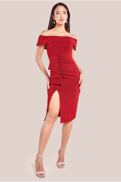 Red - Sparkling Bardot Midi With Waterfall Ruffle - Red by Goddiva