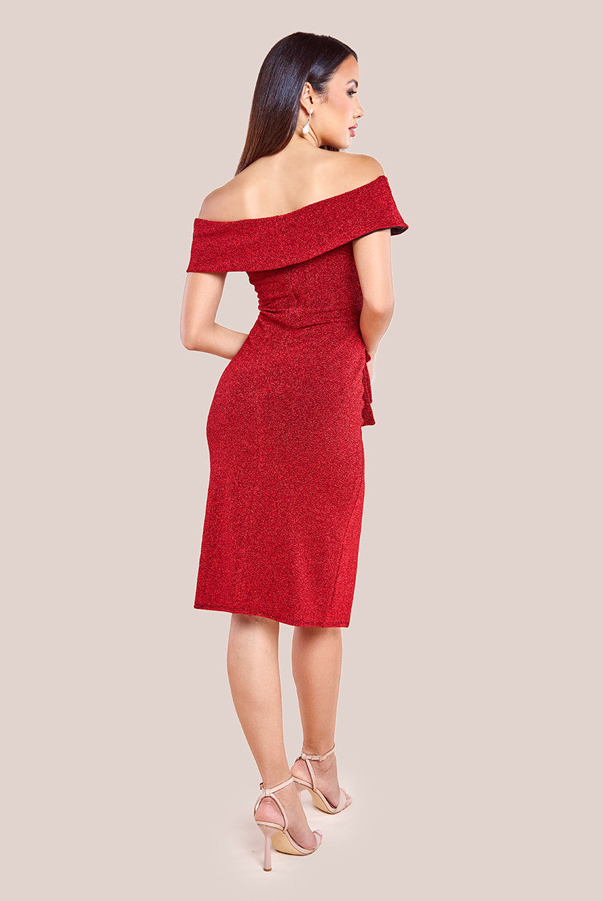 Sparkling Bardot Midi With Waterfall Ruffle - Red DR4030