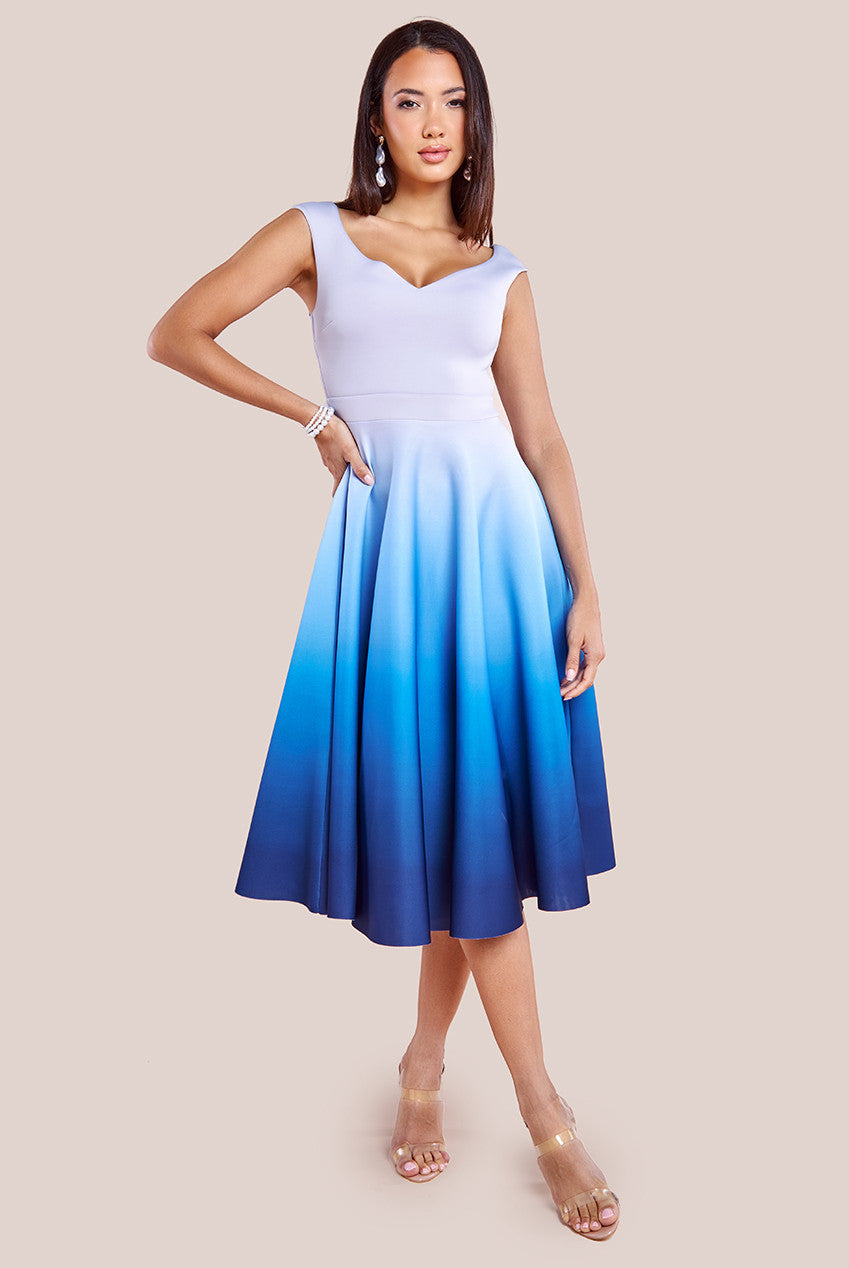 Ombre Scuba Foam Bardot A Line Midi Dress Light Blue