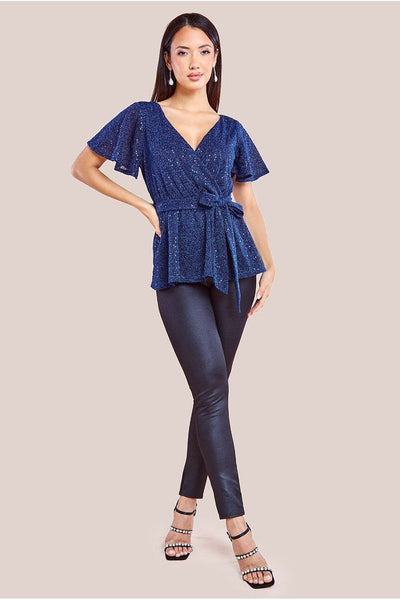 Navy - Lurex Flutter Sleeve Wrap Top - Navy by Goddiva