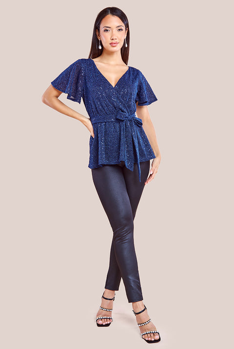 Lurex Flutter Sleeve Wrap Top - Navy T204