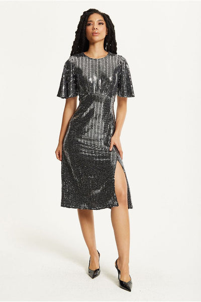 Silver - Silver Sequin Midi Party Dress by Liquorish