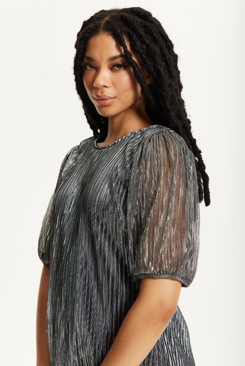 Metallic Pleated Puff Sleeve Top 25AW-53016