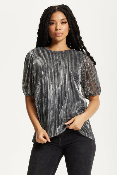 Silver - Metallic Pleated Puff Sleeve Top by Liquorish