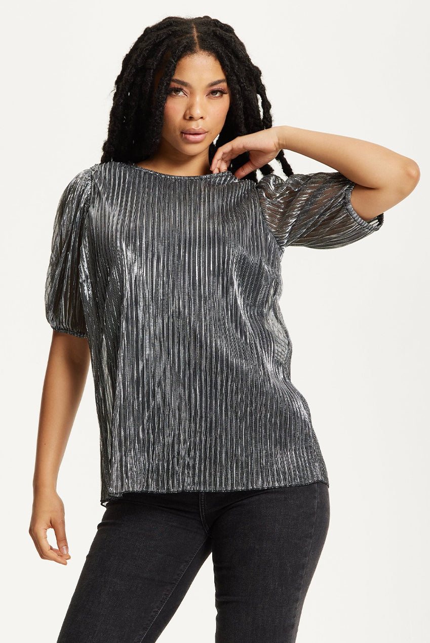 Metallic Pleated Puff Sleeve Top 25AW-53016