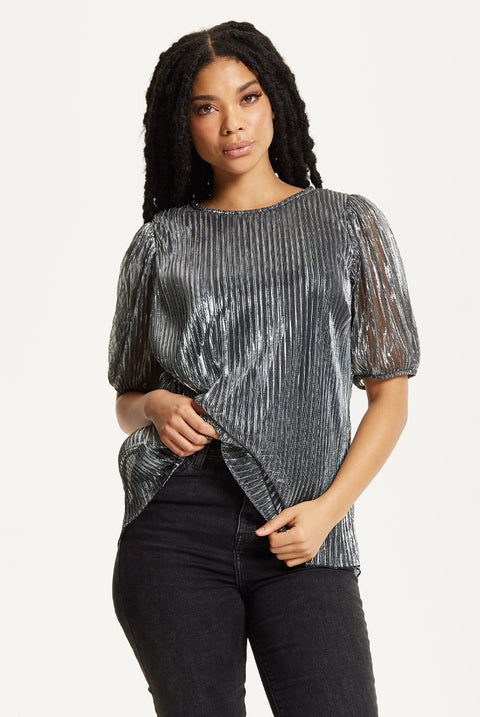 Metallic Pleated Puff Sleeve Top by Liquorish