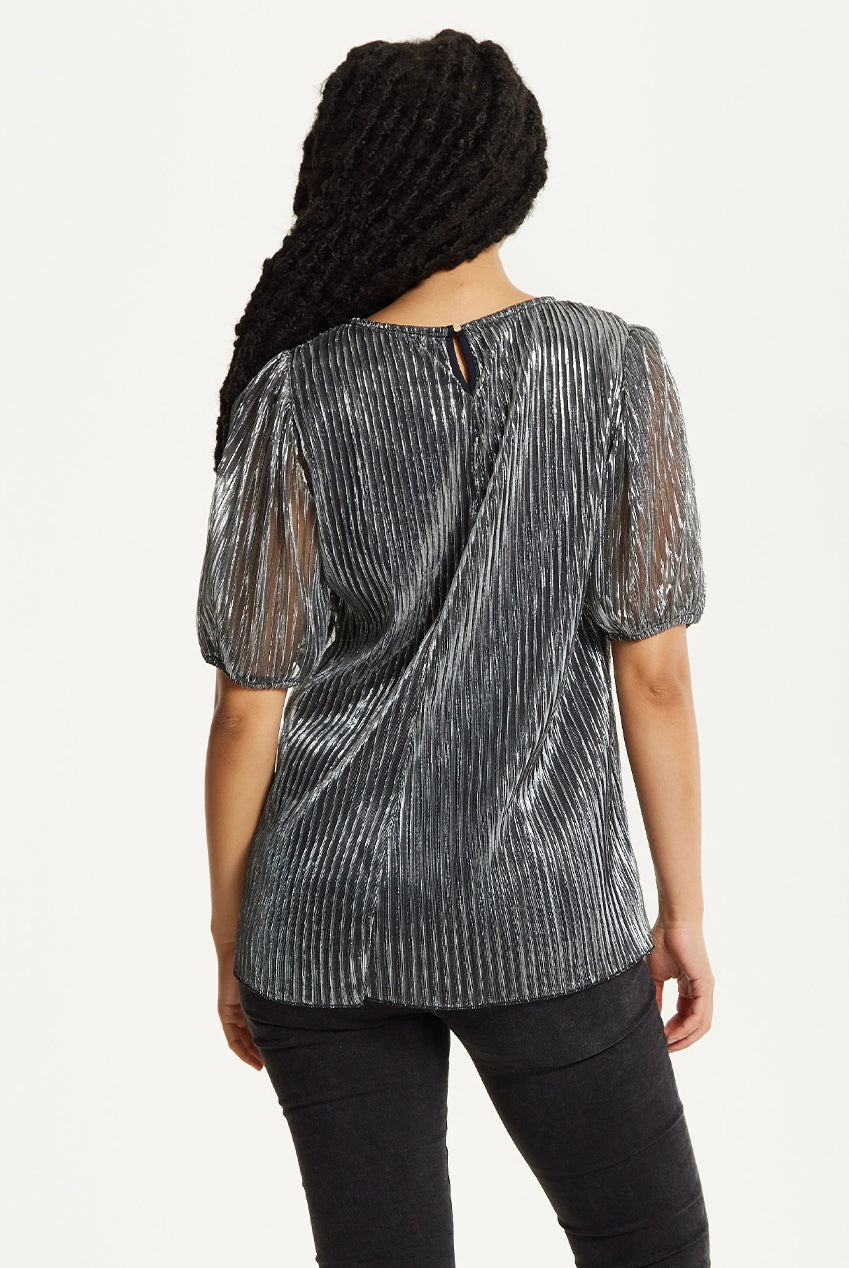 Metallic Pleated Puff Sleeve Top 25AW-53016