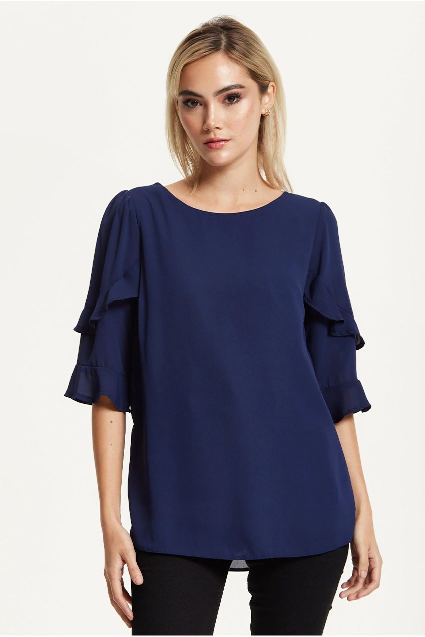 Navy Ruffle Sleeve Blouse 25AW-61009