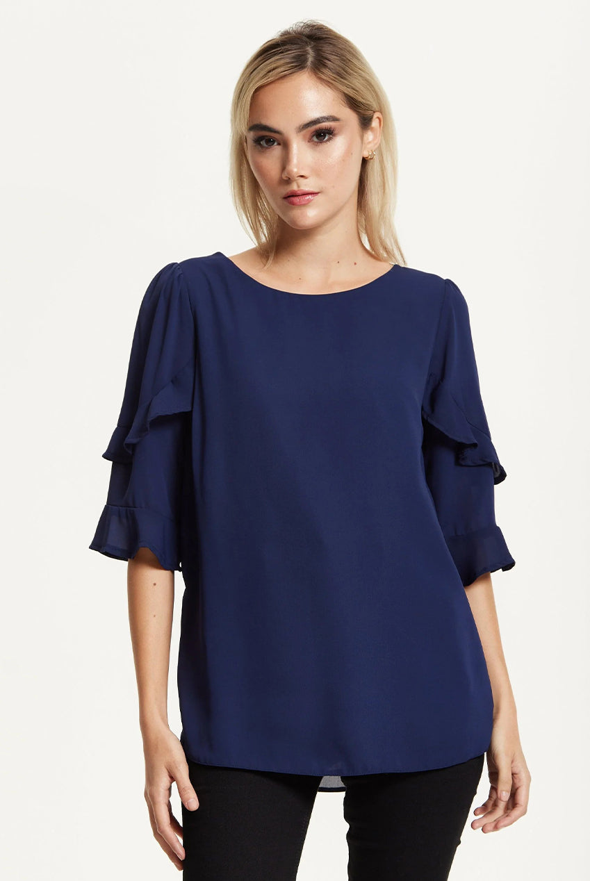 Navy Ruffle Sleeve Blouse 25AW-61009