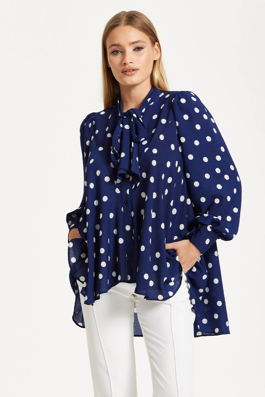 Navy Polka Dot Flared Hem Blouse 25SS8866009