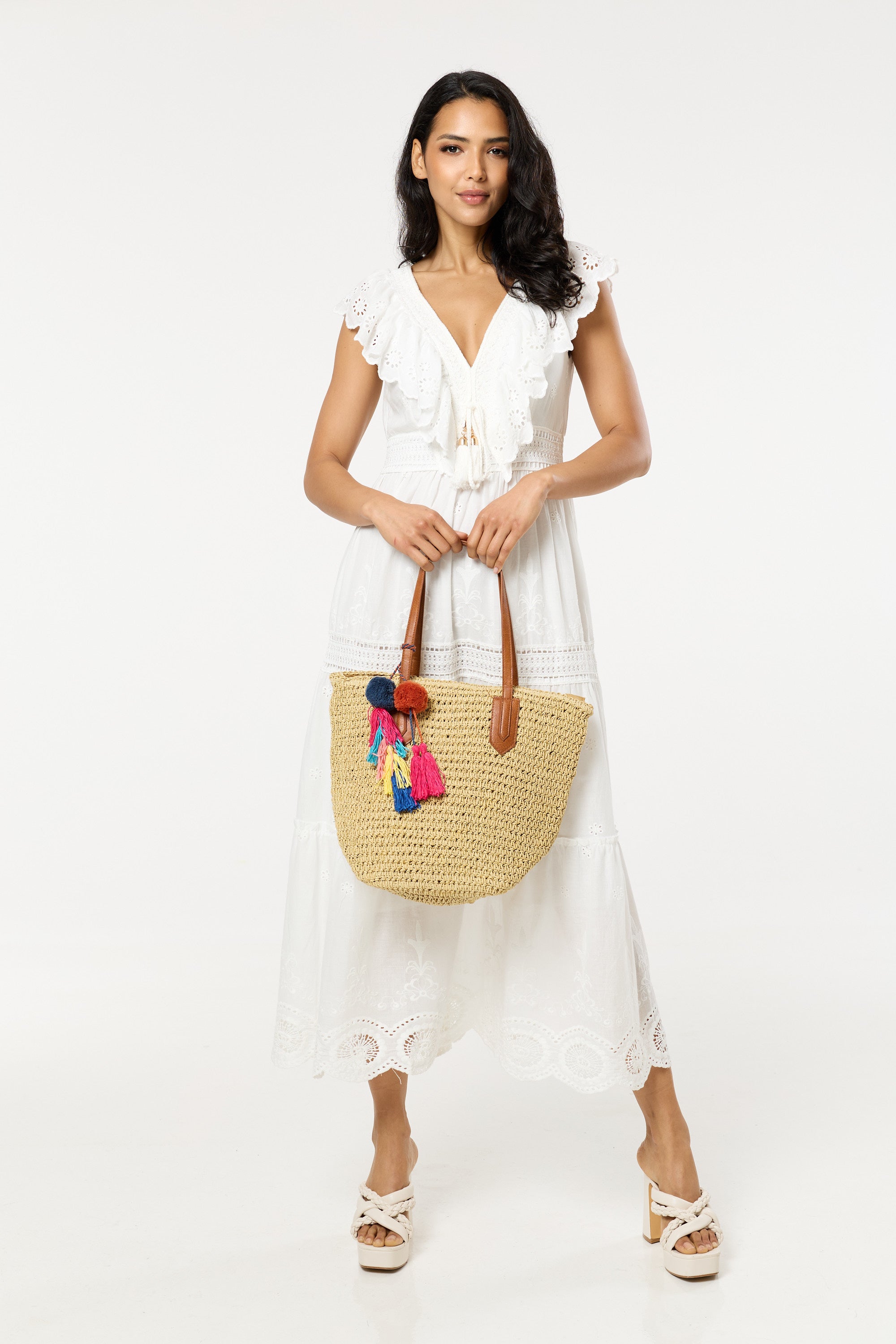 Pom Pom & Tassel Beach Tote Bag L221145B050