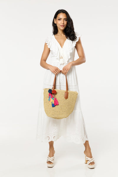 Natural - Pom Pom & Tassel Beach Tote Bag by Liquorish
