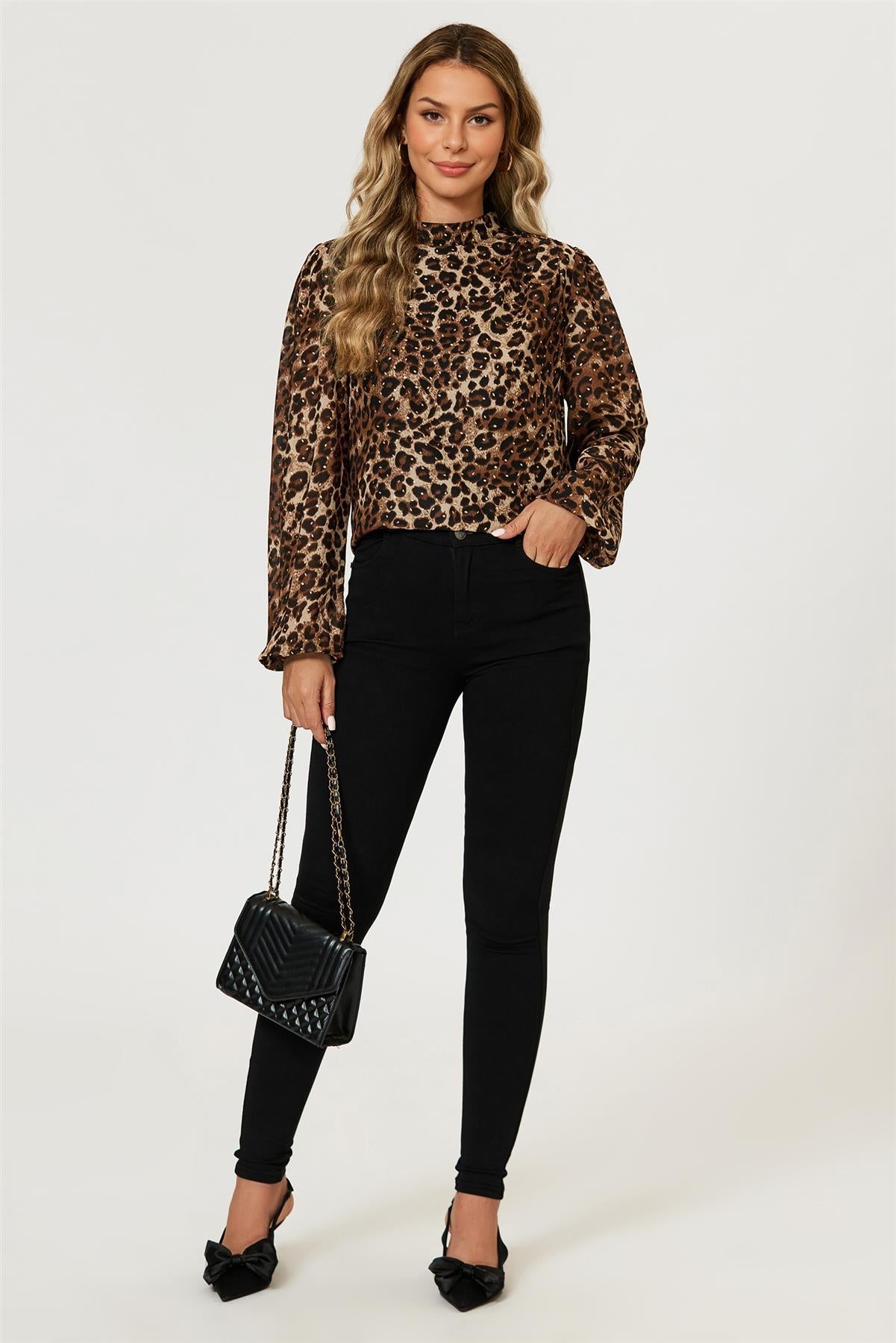 Leopard Print Foil Long Sleeve High Neck Top In Brown FS628-LPF
