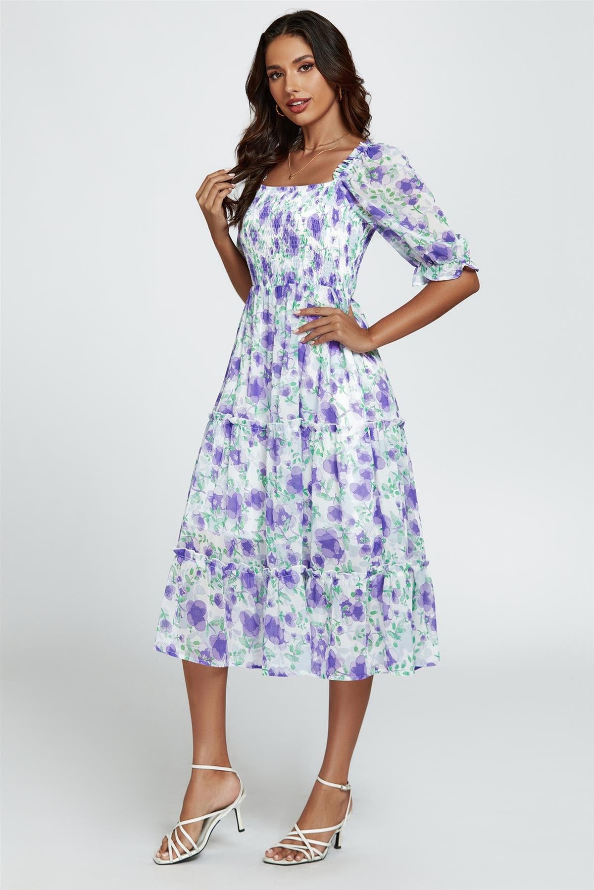 Floral Print Bardot Puff Sleeve Elasticated Detail Midi Dress In White FS362-PWF