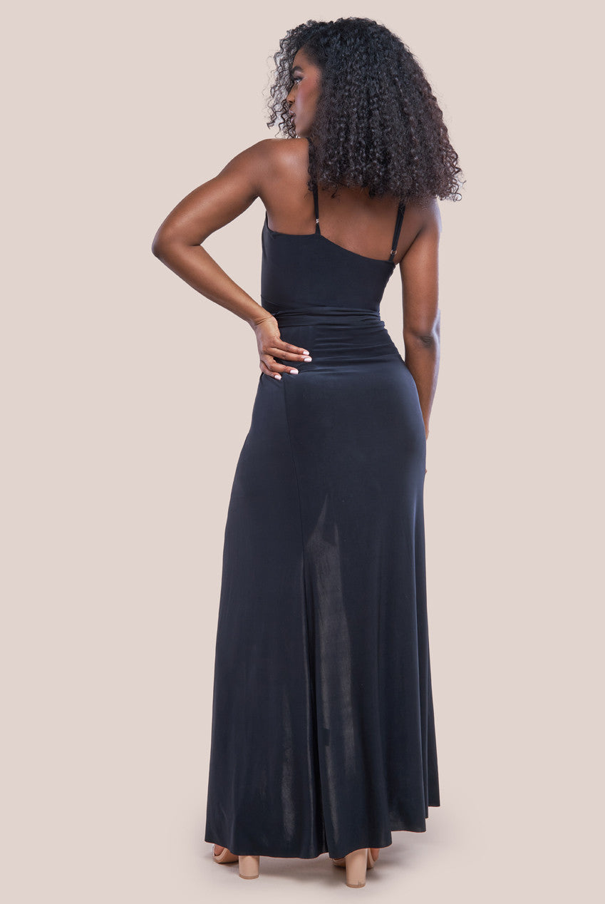 Wrap Front Maxi Slip Dress With Waist Tie-Up - Black DR2250C